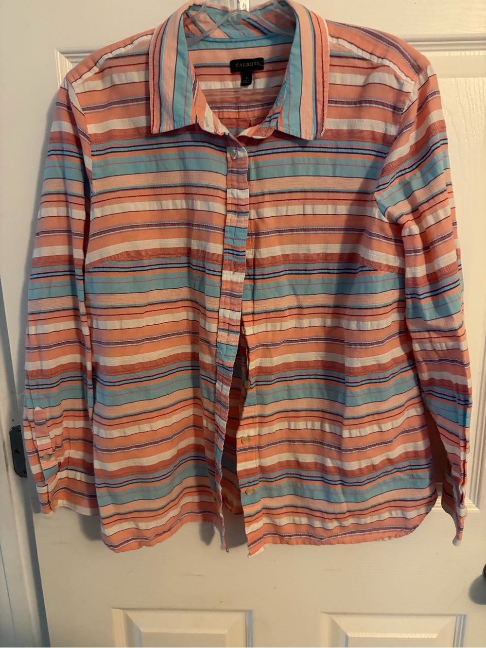 Talbots Peach and Light Blue Striped Cotton Button-Down Shirt